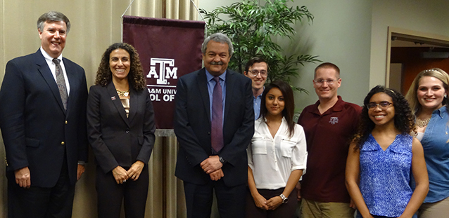 Texas A&M Law panelists F. Gregory Gause, Sahar Aziz and Hisham Kassem with Texas A&M Law students